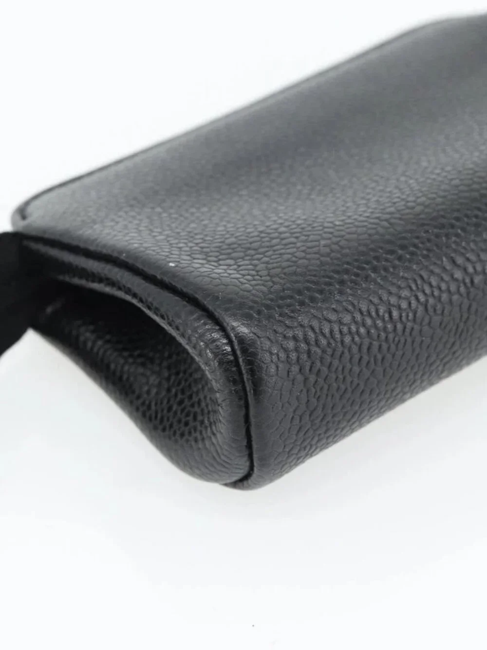 CHANEL COCO Mark Pouch Grained Calf Skin Black Gold CC Auth 181481